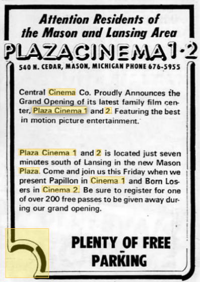 Mason Twin Cinema (Plaza Cinema 1 and 2) - 1974 Ad